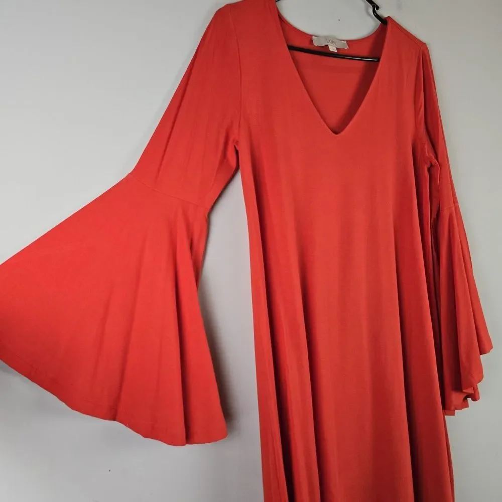 LOFT Womens Dress Size Small‎ Orange Swing Dress Long Bell Sleeve V-Neck.C145 - Picture 5 of 11
